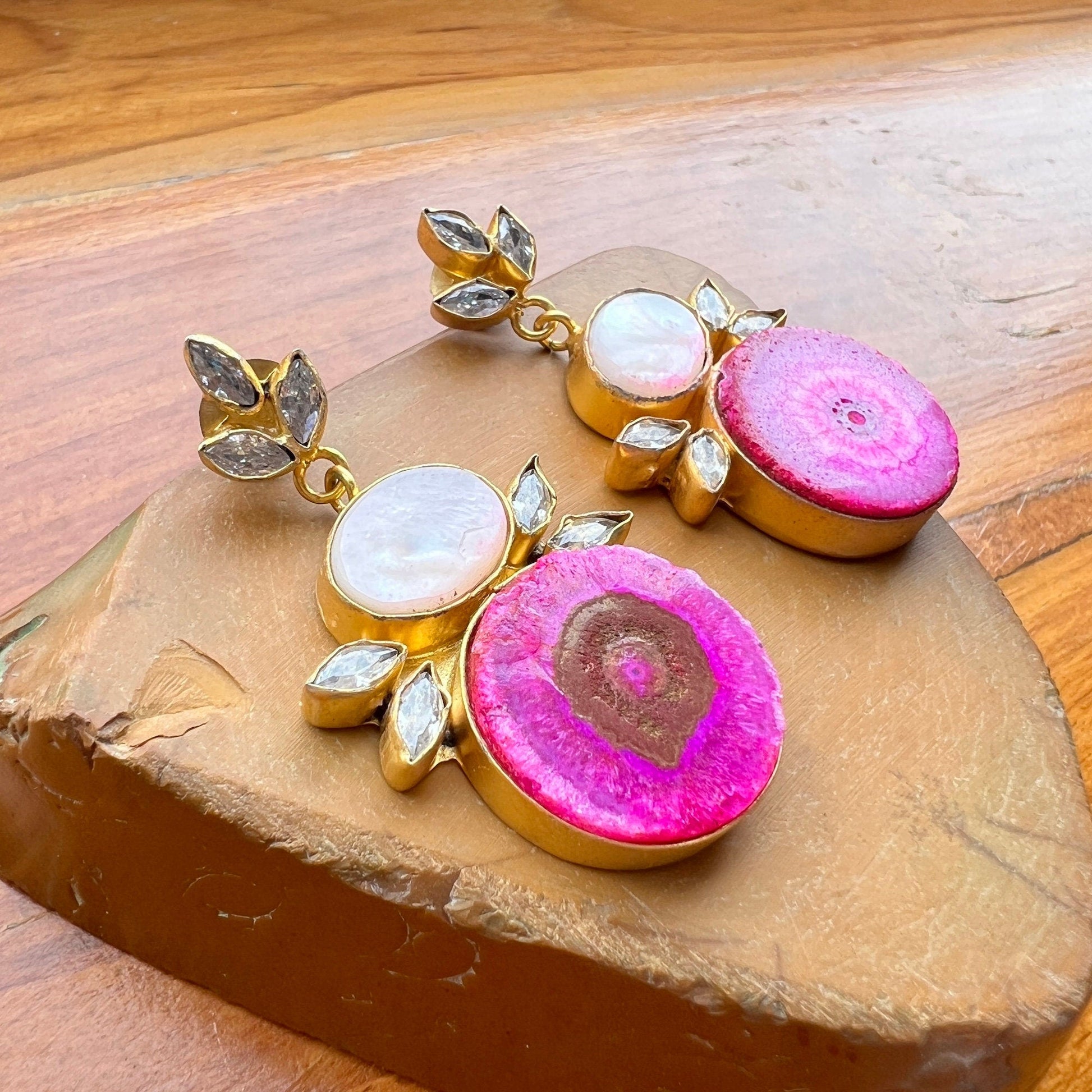 The Enache Pink Agate Wedding Earrings TheEnache