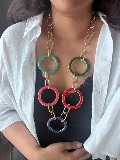 The Enache Pink Enamel Round Rings Long Statement Necklace TheEnache