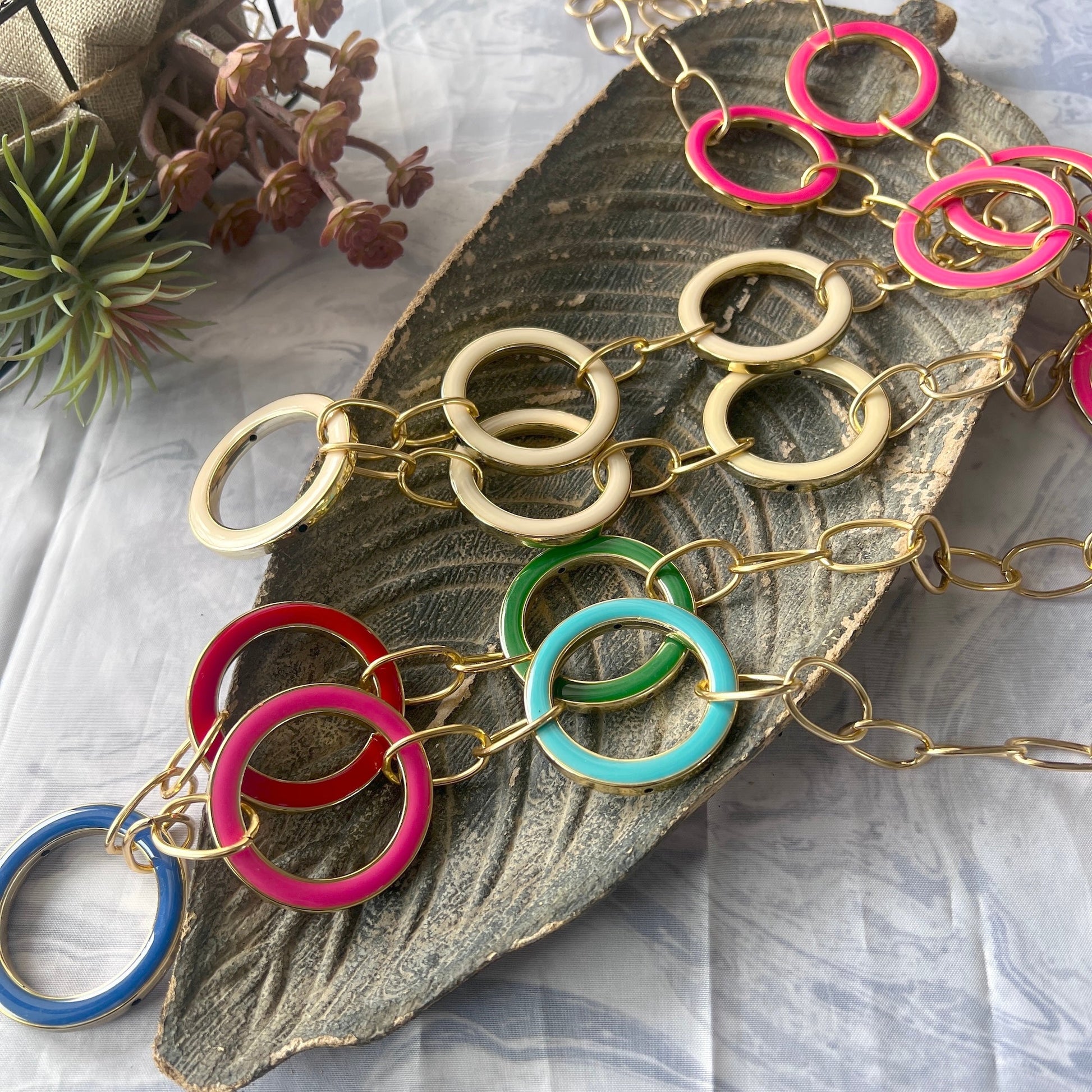 The Enache Pink Enamel Round Rings Long Statement Necklace TheEnache