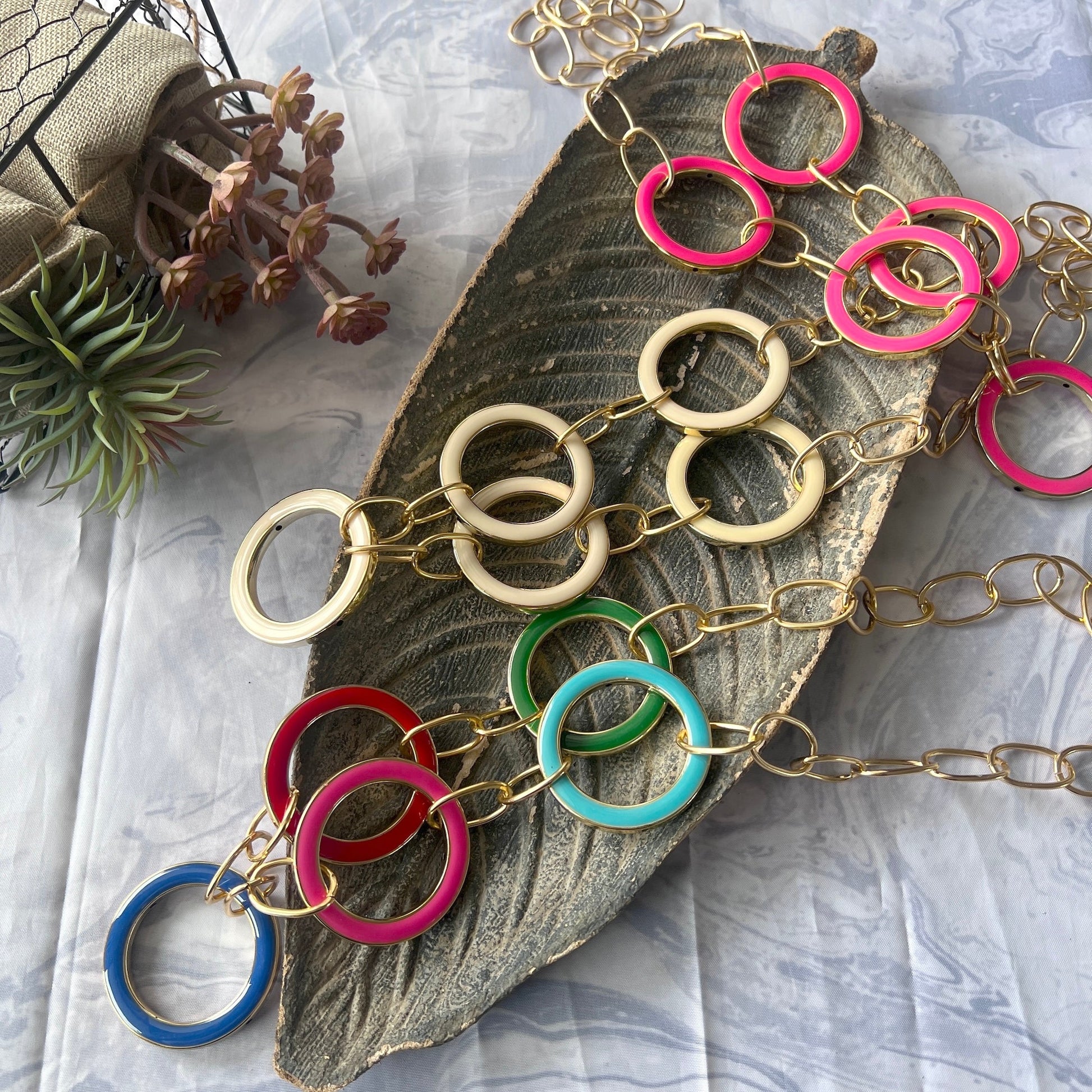 The Enache Pink Enamel Round Rings Long Statement Necklace TheEnache