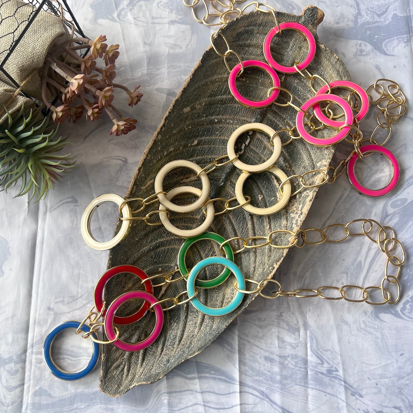 The Enache Pink Enamel Round Rings Long Statement Necklace TheEnache