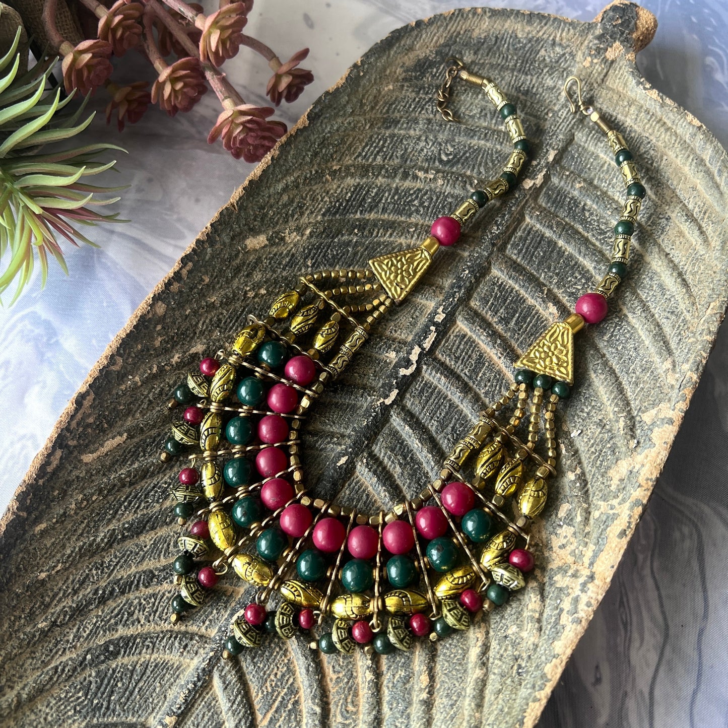 The Enache Pink & Green Chunky Statement Beaded Necklace with Gold Oxidized Beads TheEnache
