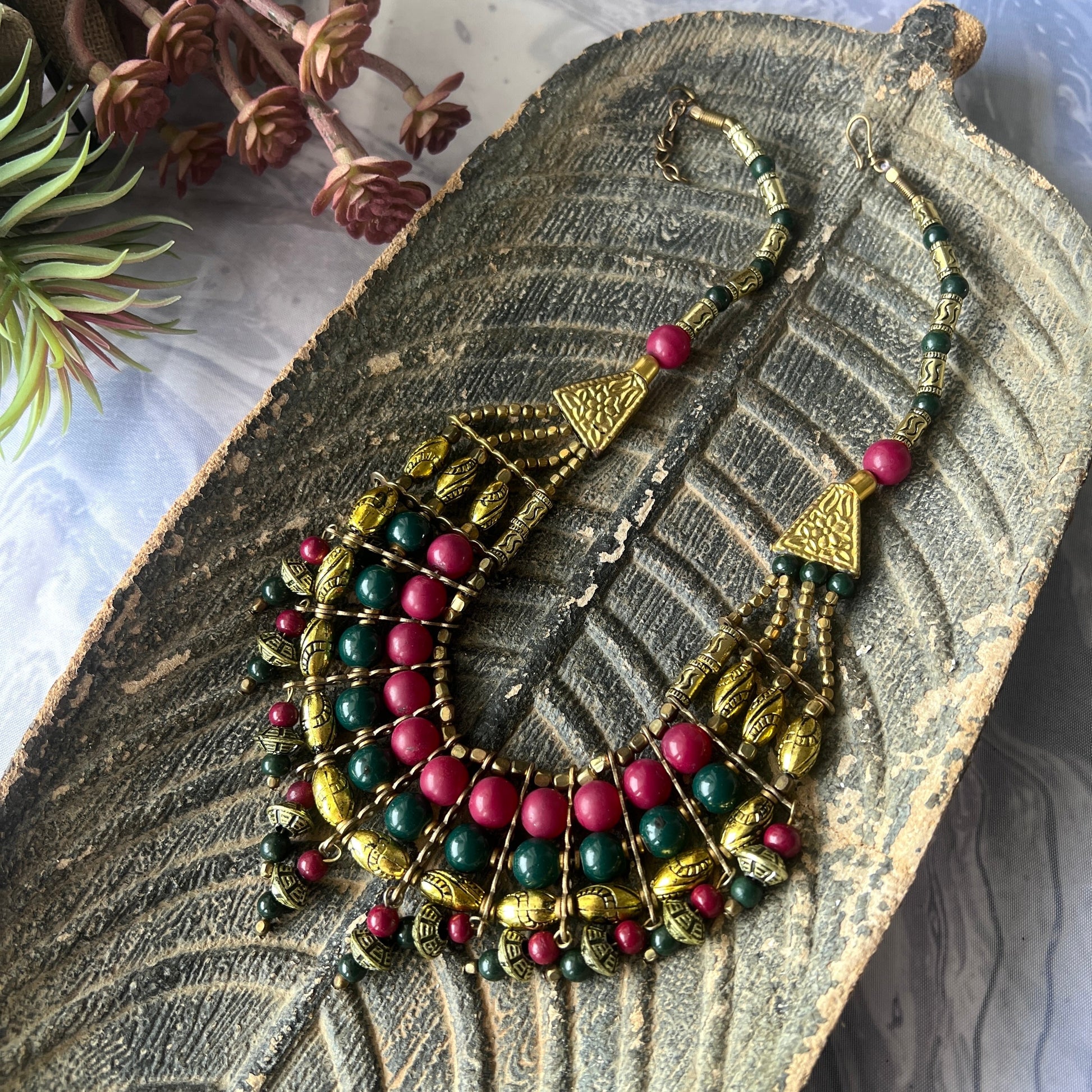 The Enache Pink & Green Chunky Statement Beaded Necklace with Gold Oxidized Beads TheEnache