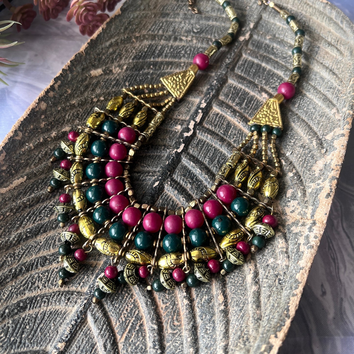 The Enache Pink & Green Chunky Statement Beaded Necklace with Gold Oxidized Beads TheEnache