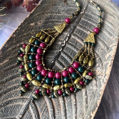The Enache Pink & Green Chunky Statement Beaded Necklace with Gold Oxidized Beads TheEnache