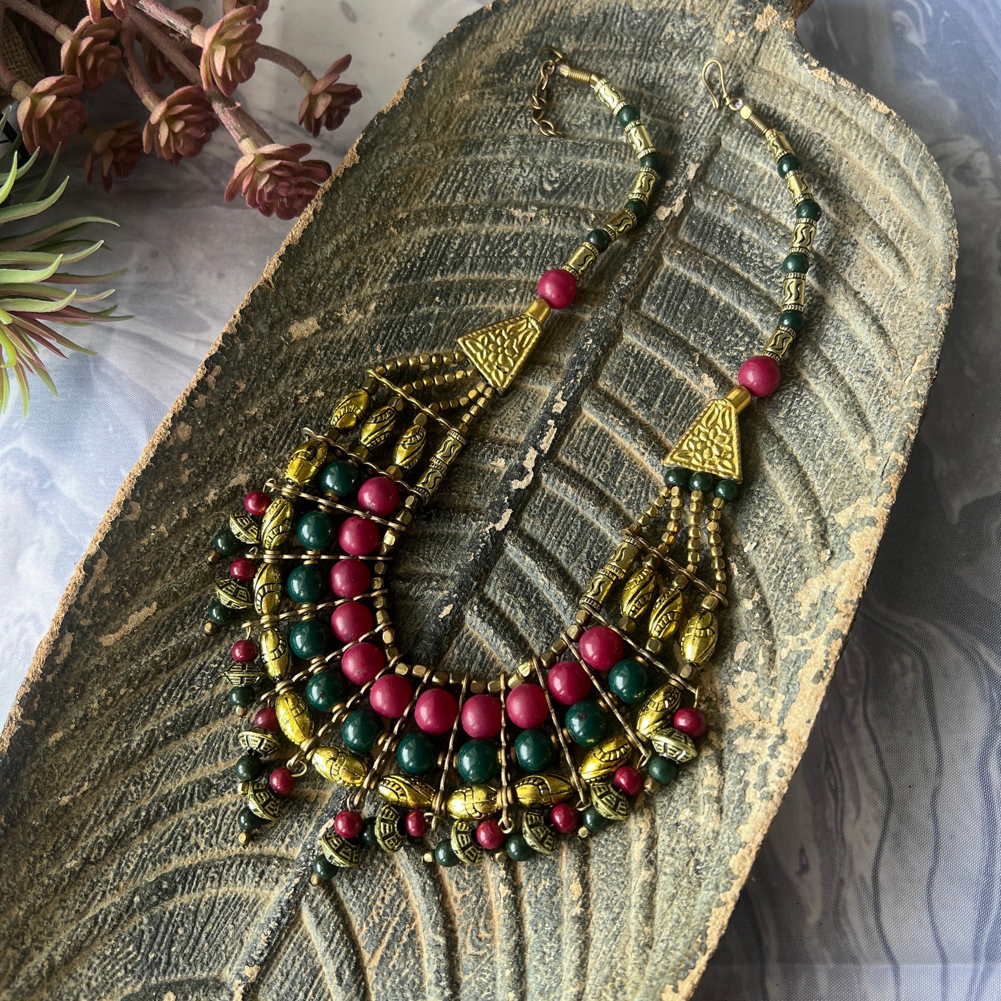 The Enache Pink & Green Chunky Statement Beaded Necklace with Gold Oxidized Beads TheEnache