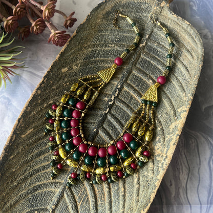 The Enache Pink & Green Chunky Statement Beaded Necklace with Gold Oxidized Beads TheEnache