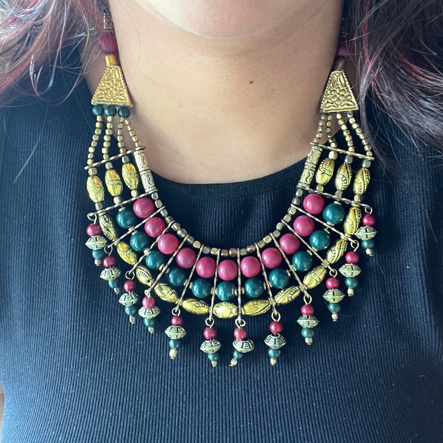 The Enache Pink & Green Chunky Statement Beaded Necklace with Gold Oxidized Beads TheEnache
