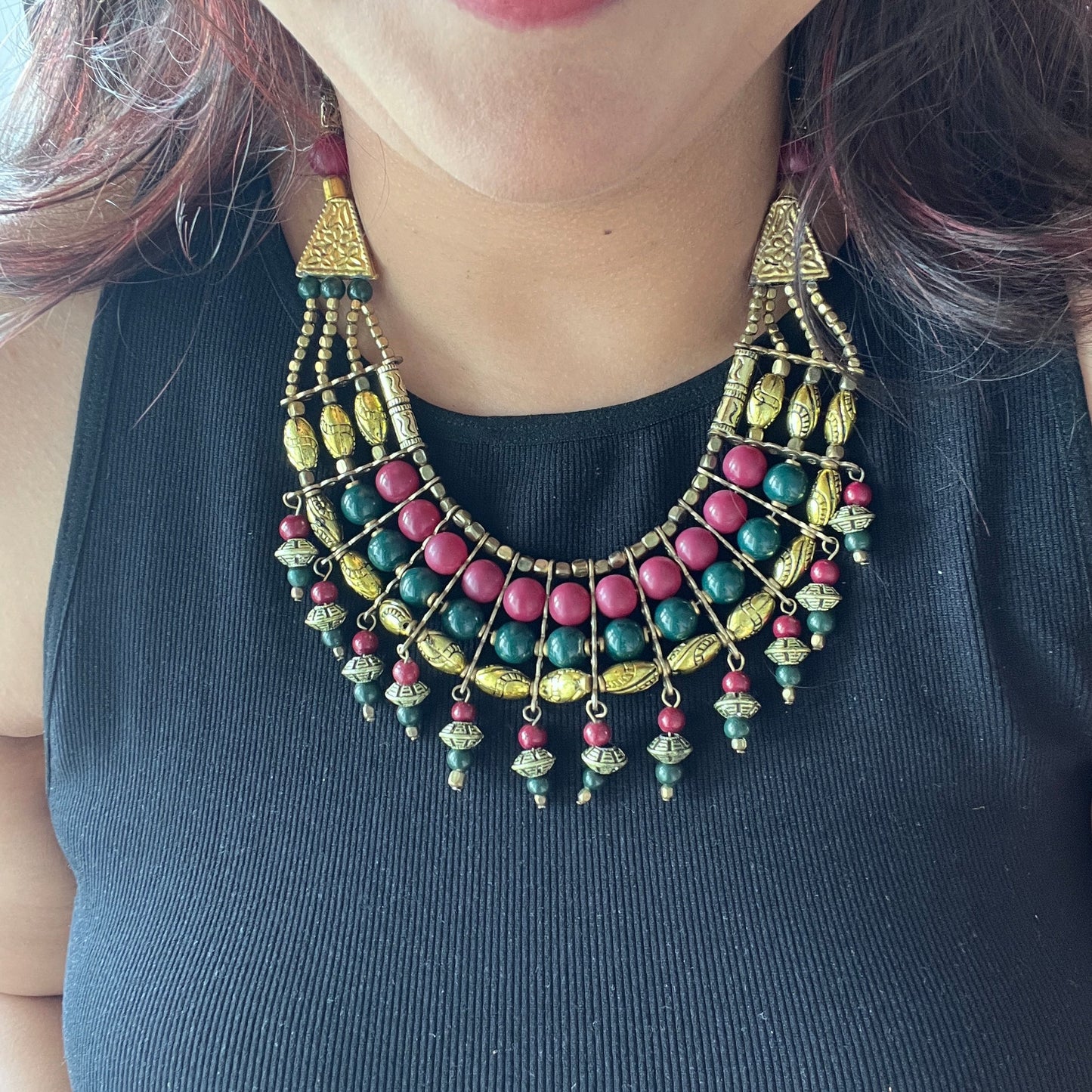 The Enache Pink & Green Chunky Statement Beaded Necklace with Gold Oxidized Beads TheEnache