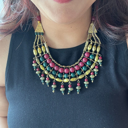 The Enache Pink & Green Chunky Statement Beaded Necklace with Gold Oxidized Beads TheEnache