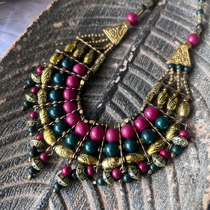 The Enache Pink & Green Chunky Statement Beaded Necklace with Gold Oxidized Beads TheEnache