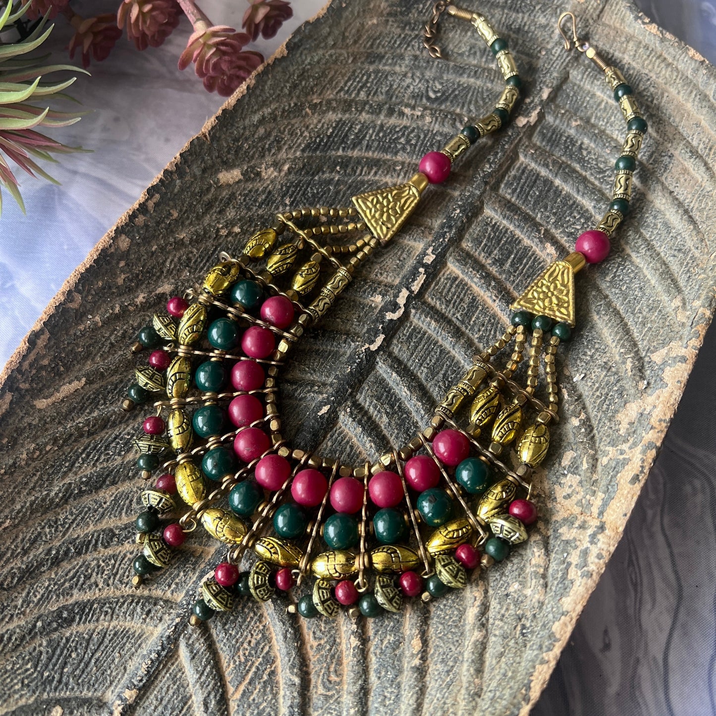 The Enache Pink & Green Chunky Statement Beaded Necklace with Gold Oxidized Beads TheEnache