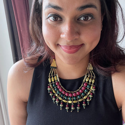 The Enache Pink & Green Chunky Statement Beaded Necklace with Gold Oxidized Beads TheEnache