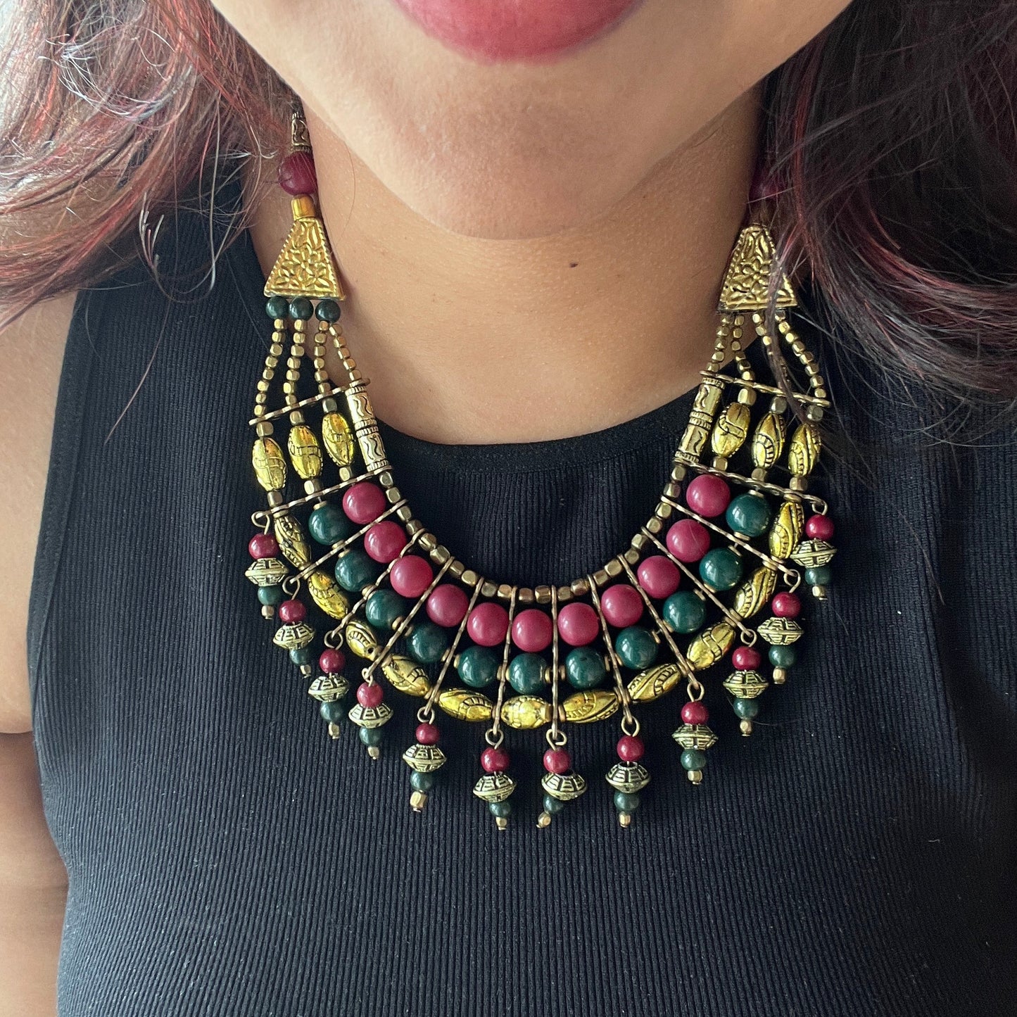 The Enache Pink & Green Chunky Statement Beaded Necklace with Gold Oxidized Beads TheEnache