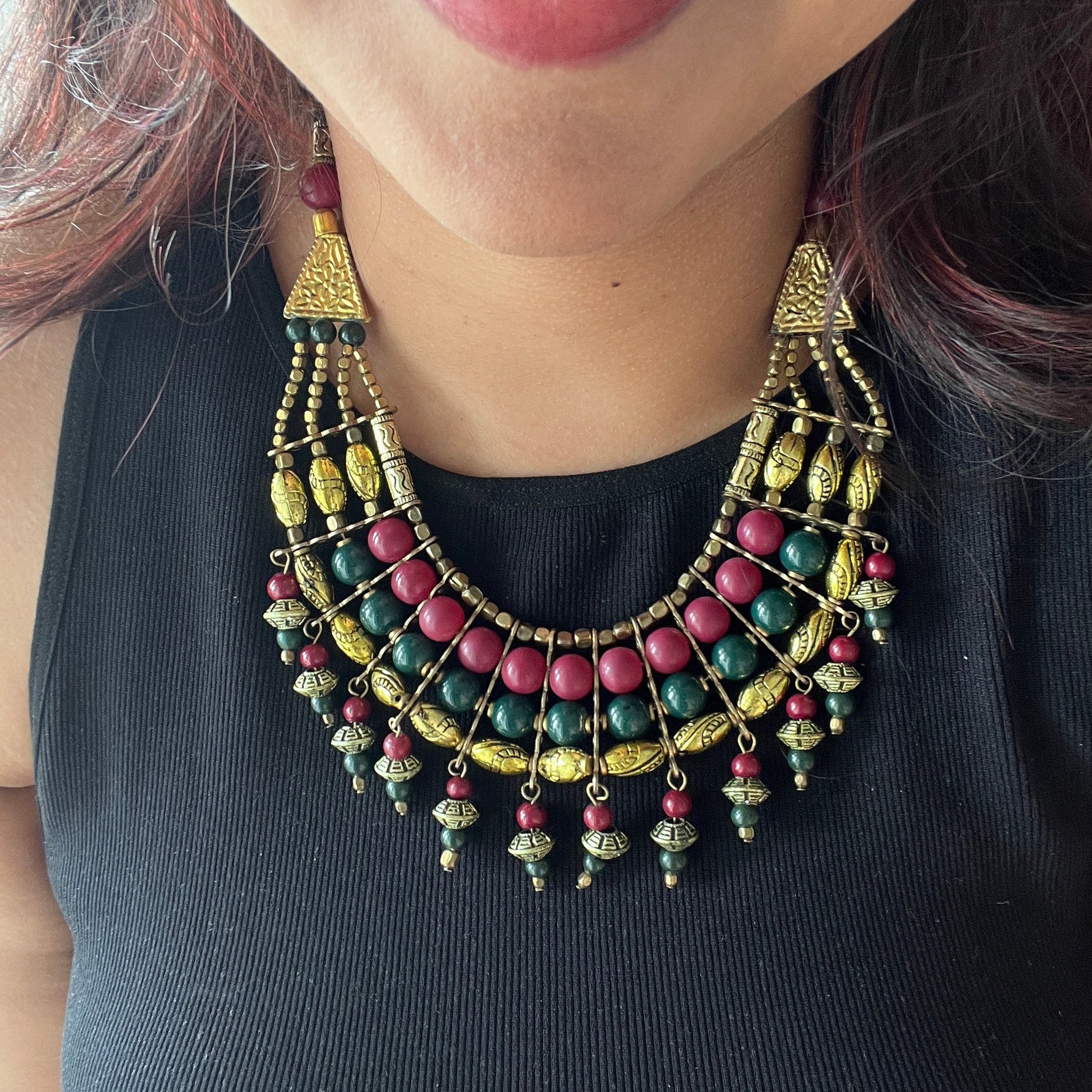 The Enache Pink & Green Chunky Statement Beaded Necklace with Gold Oxidized Beads TheEnache