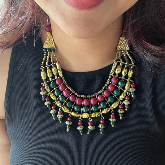 The Enache Pink & Green Chunky Statement Beaded Necklace with Gold Oxidized Beads TheEnache