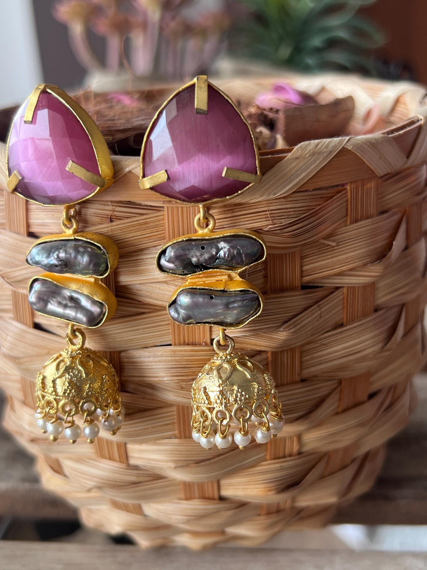 The Enache Pink Orange Biwa Pearl Gold Jhumka Earrings TheEnache