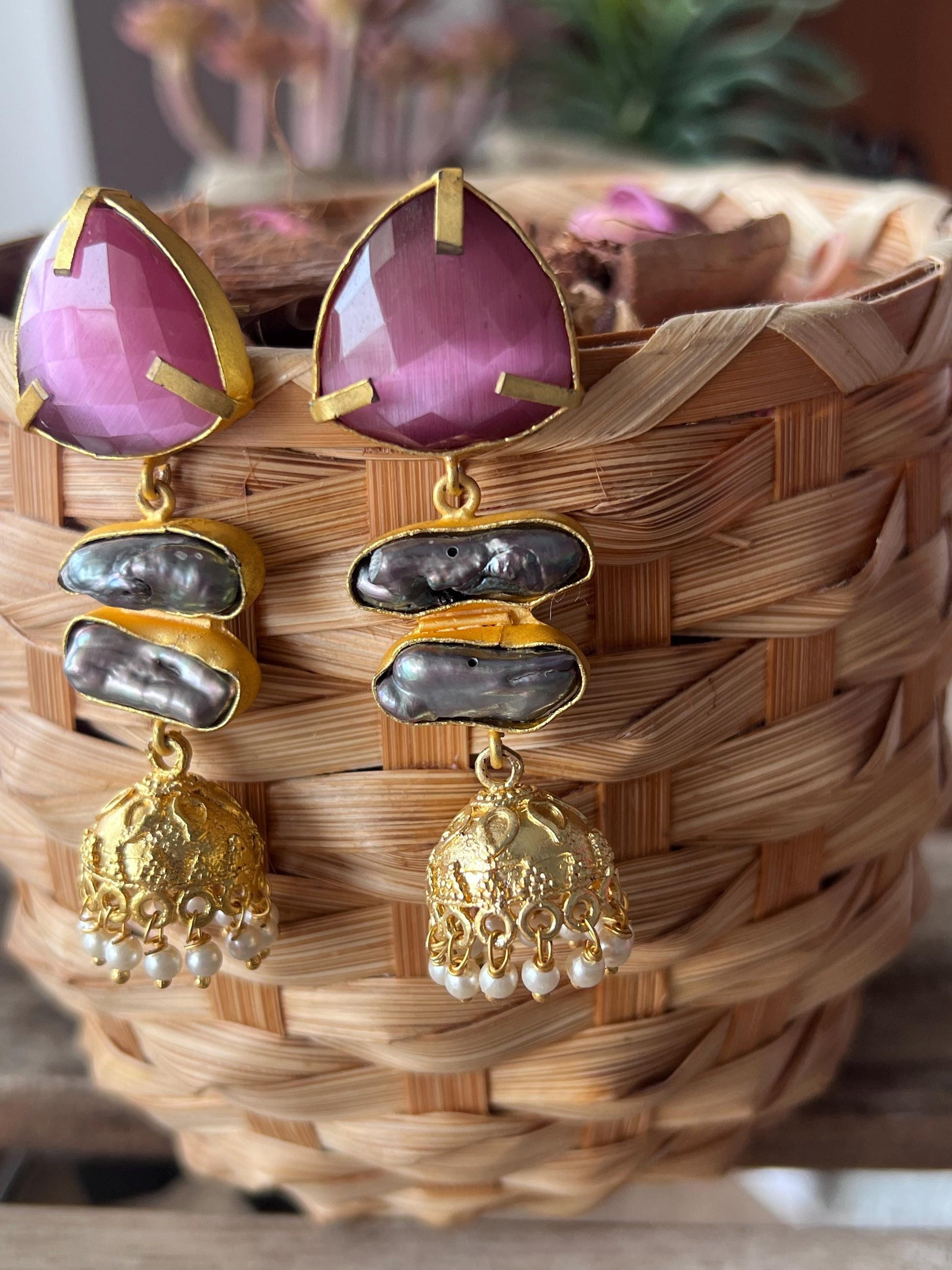 The Enache Pink Orange Biwa Pearl Gold Jhumka Earrings TheEnache