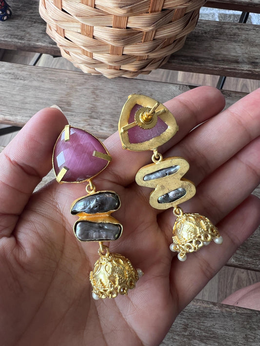 The Enache Pink Orange Biwa Pearl Gold Jhumka Earrings TheEnache