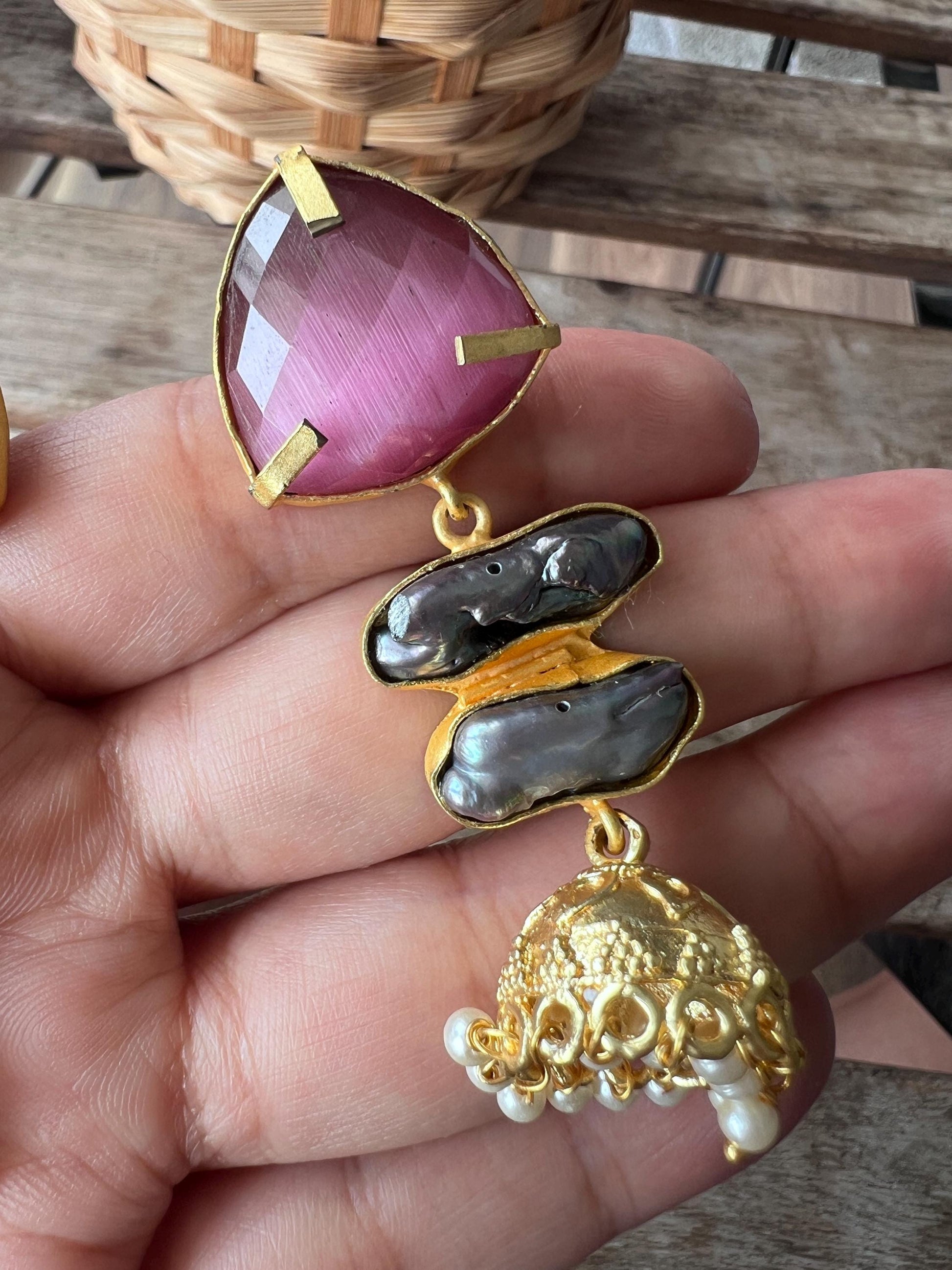 The Enache Pink Orange Biwa Pearl Gold Jhumka Earrings TheEnache