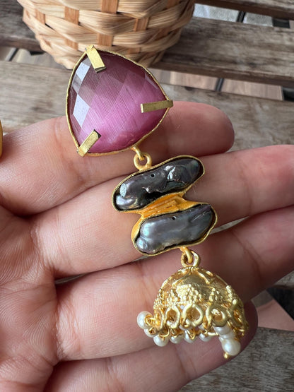 The Enache Pink Orange Biwa Pearl Gold Jhumka Earrings TheEnache