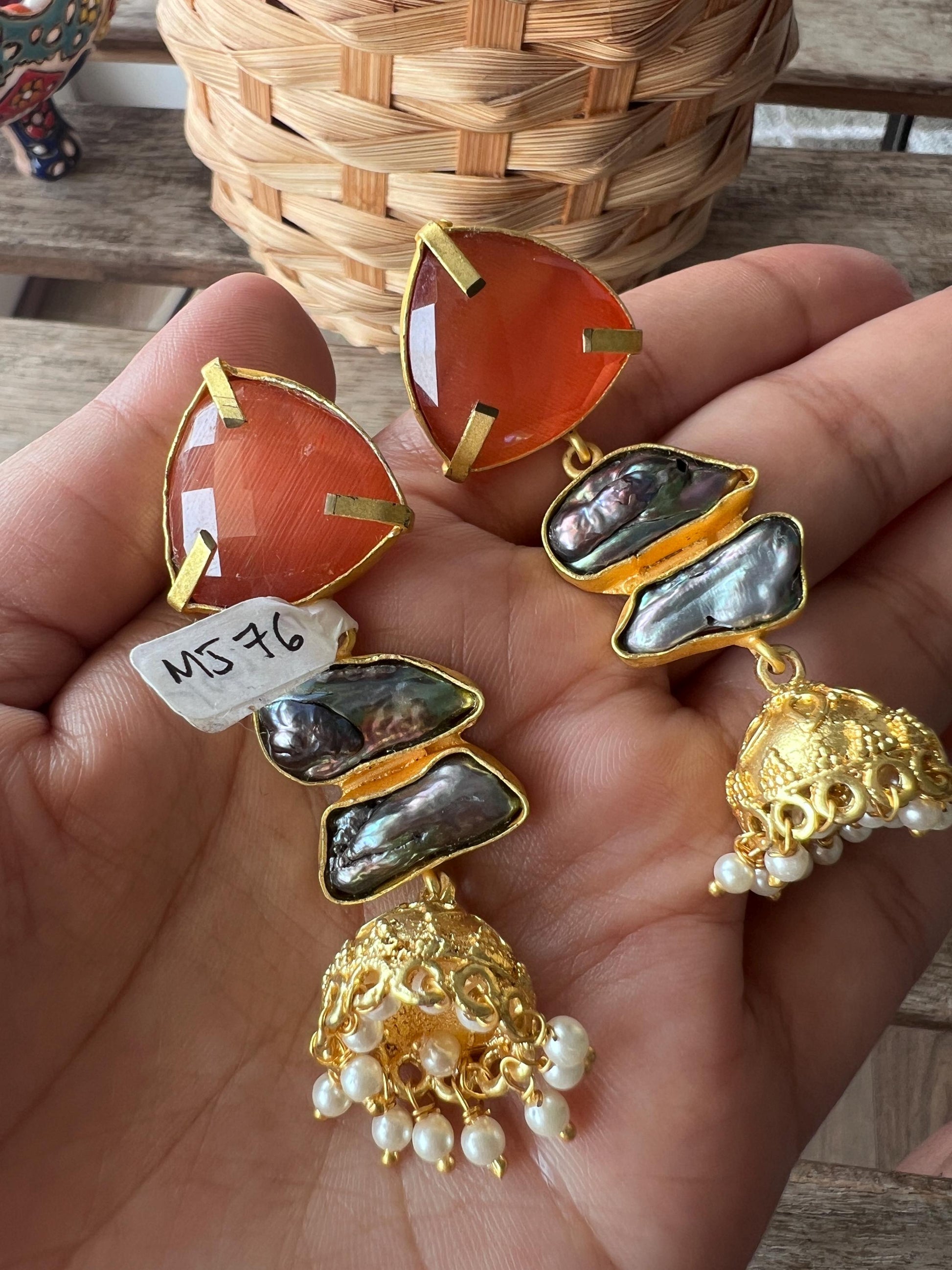 The Enache Pink Orange Biwa Pearl Gold Jhumka Earrings TheEnache