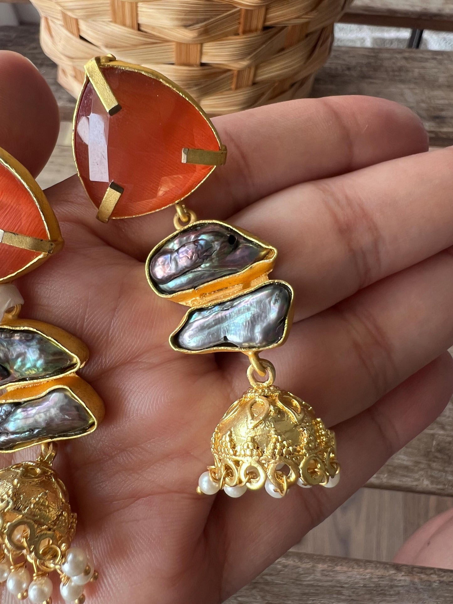 The Enache Pink Orange Biwa Pearl Gold Jhumka Earrings TheEnache