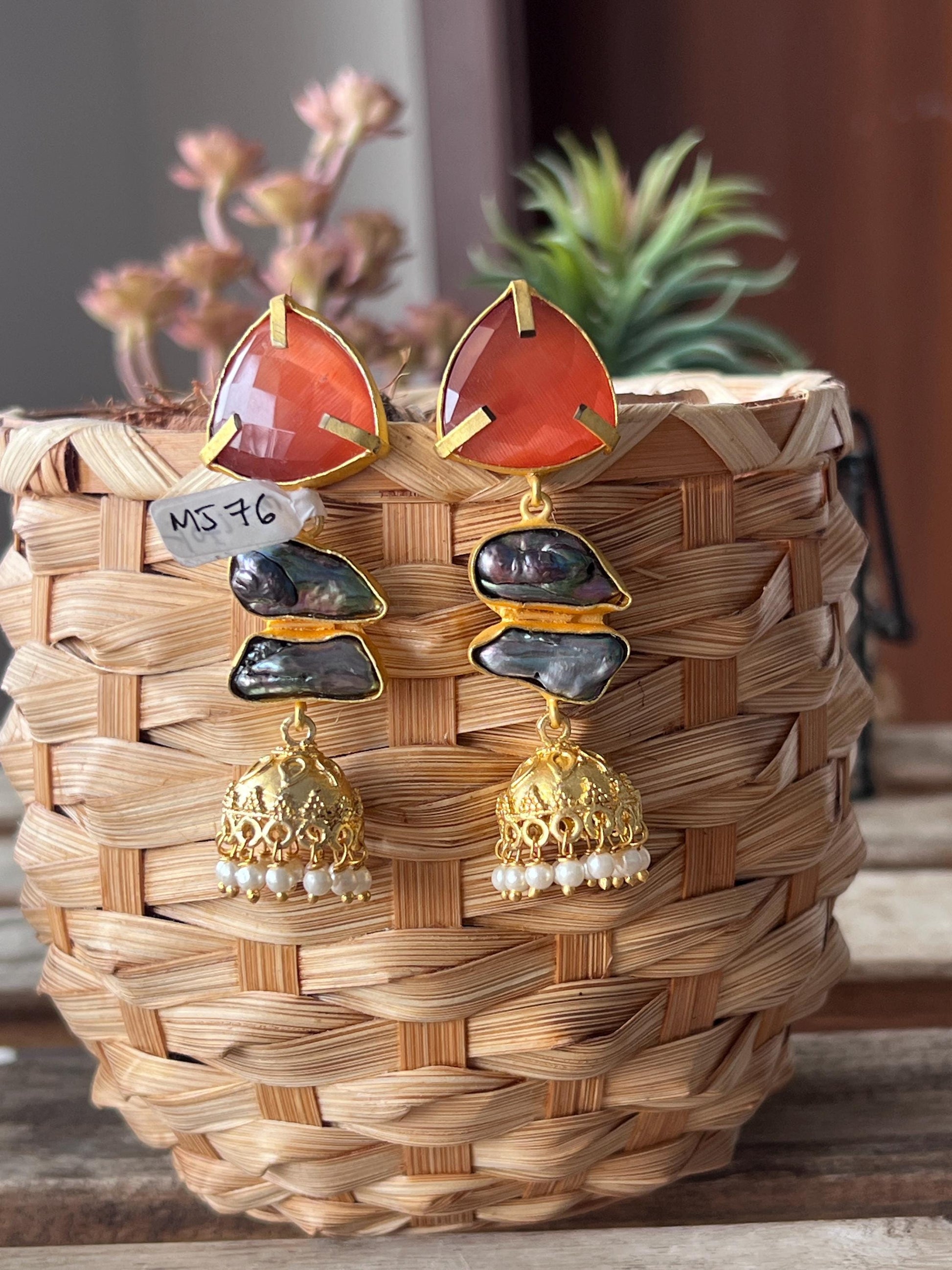 The Enache Pink Orange Biwa Pearl Gold Jhumka Earrings TheEnache