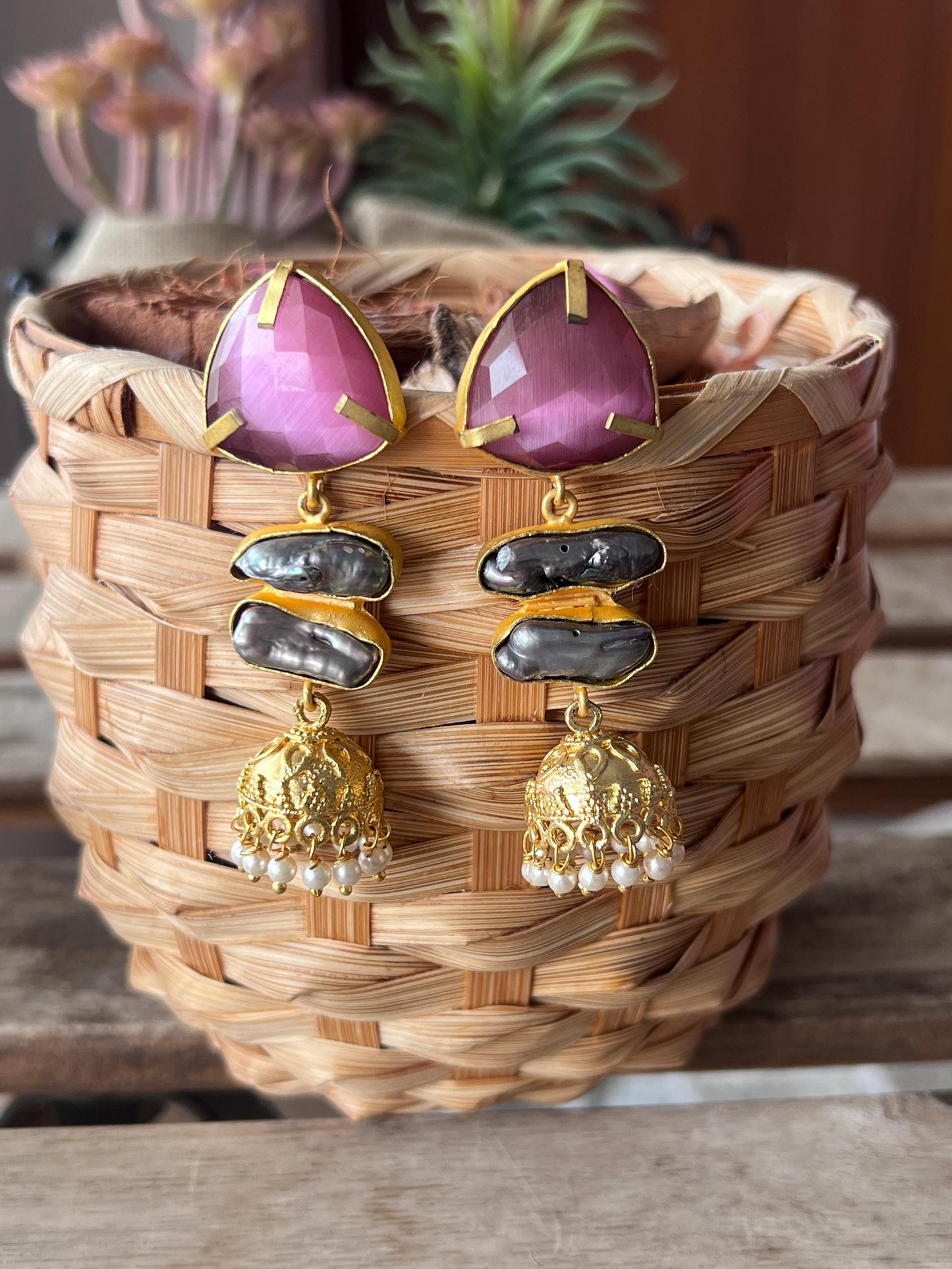 The Enache Pink Orange Biwa Pearl Gold Jhumka Earrings TheEnache
