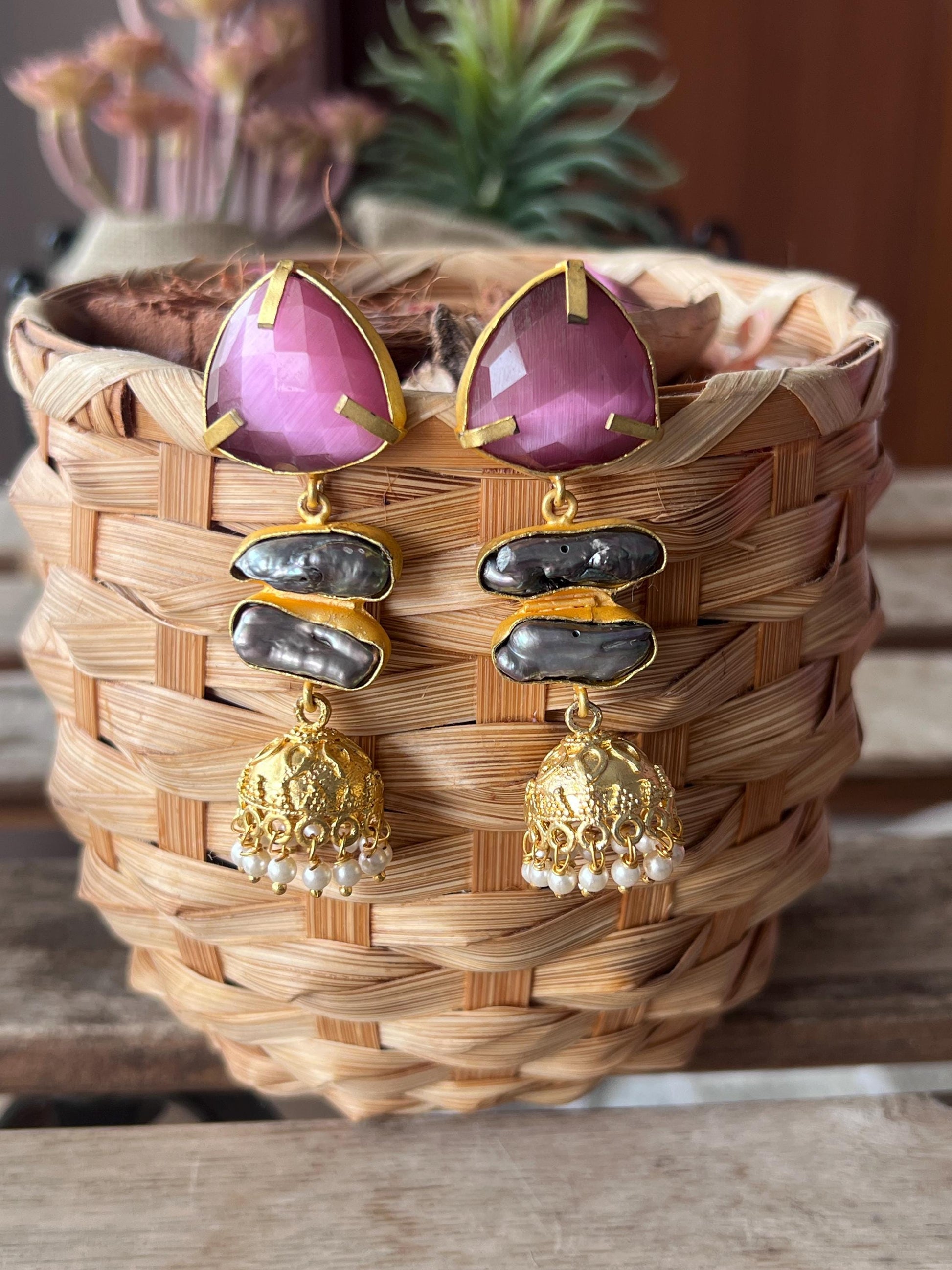 The Enache Pink Orange Biwa Pearl Gold Jhumka Earrings TheEnache