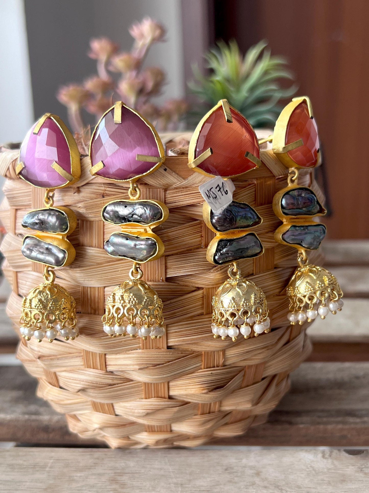 The Enache Pink Orange Biwa Pearl Gold Jhumka Earrings TheEnache