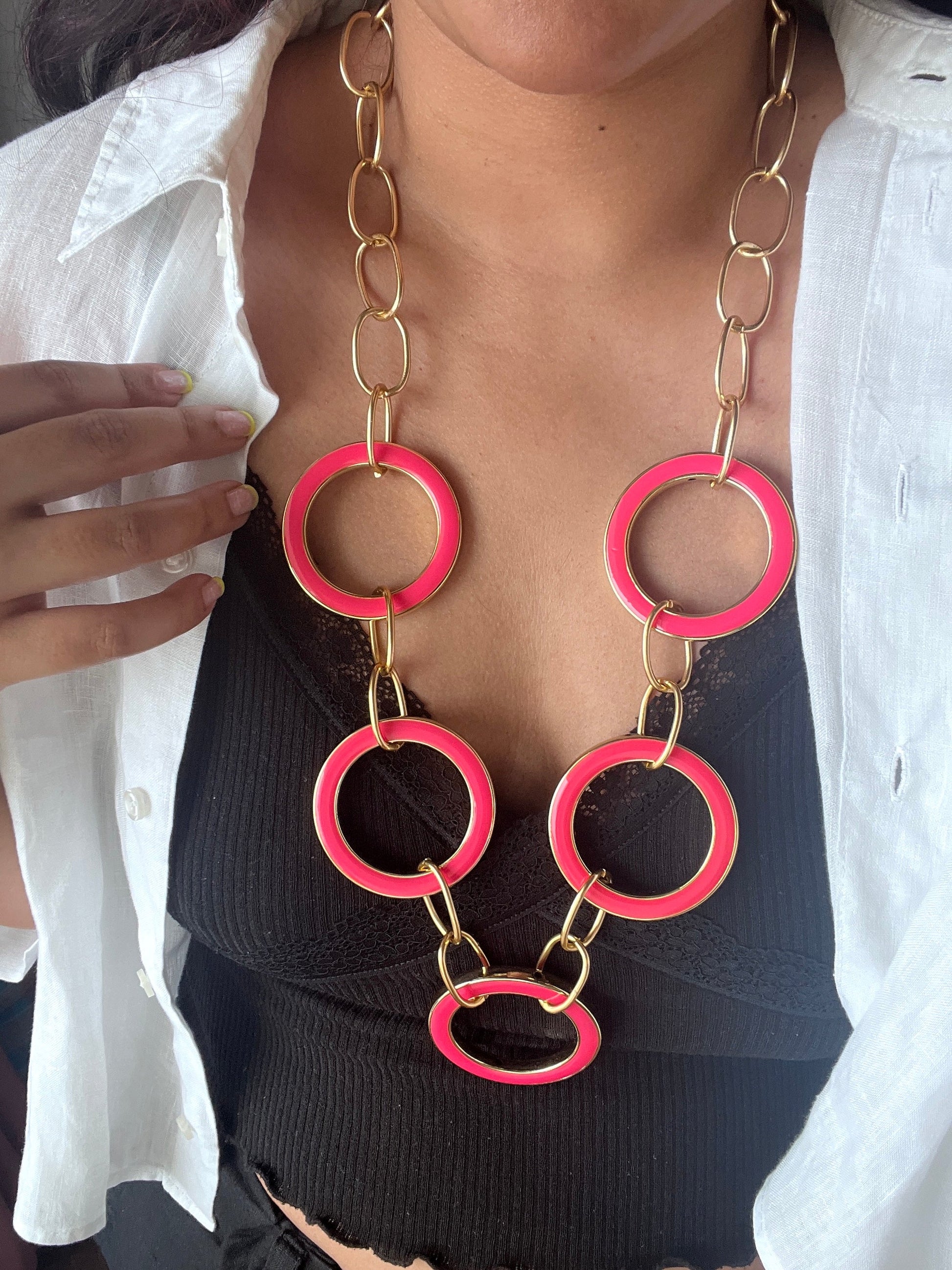 The Enache Pink Pink Enamel Round Rings Long Statement Necklace TheEnache