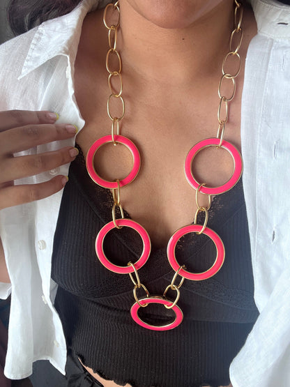 The Enache Pink Pink Enamel Round Rings Long Statement Necklace TheEnache