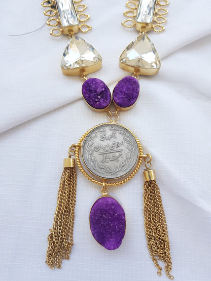The Enache Purple Silver Coin Tassel Necklace TheEnache