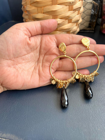 The Enache Round Black Onyx Tear Drop Statement Earrings with Gypsy Coins TheEnache