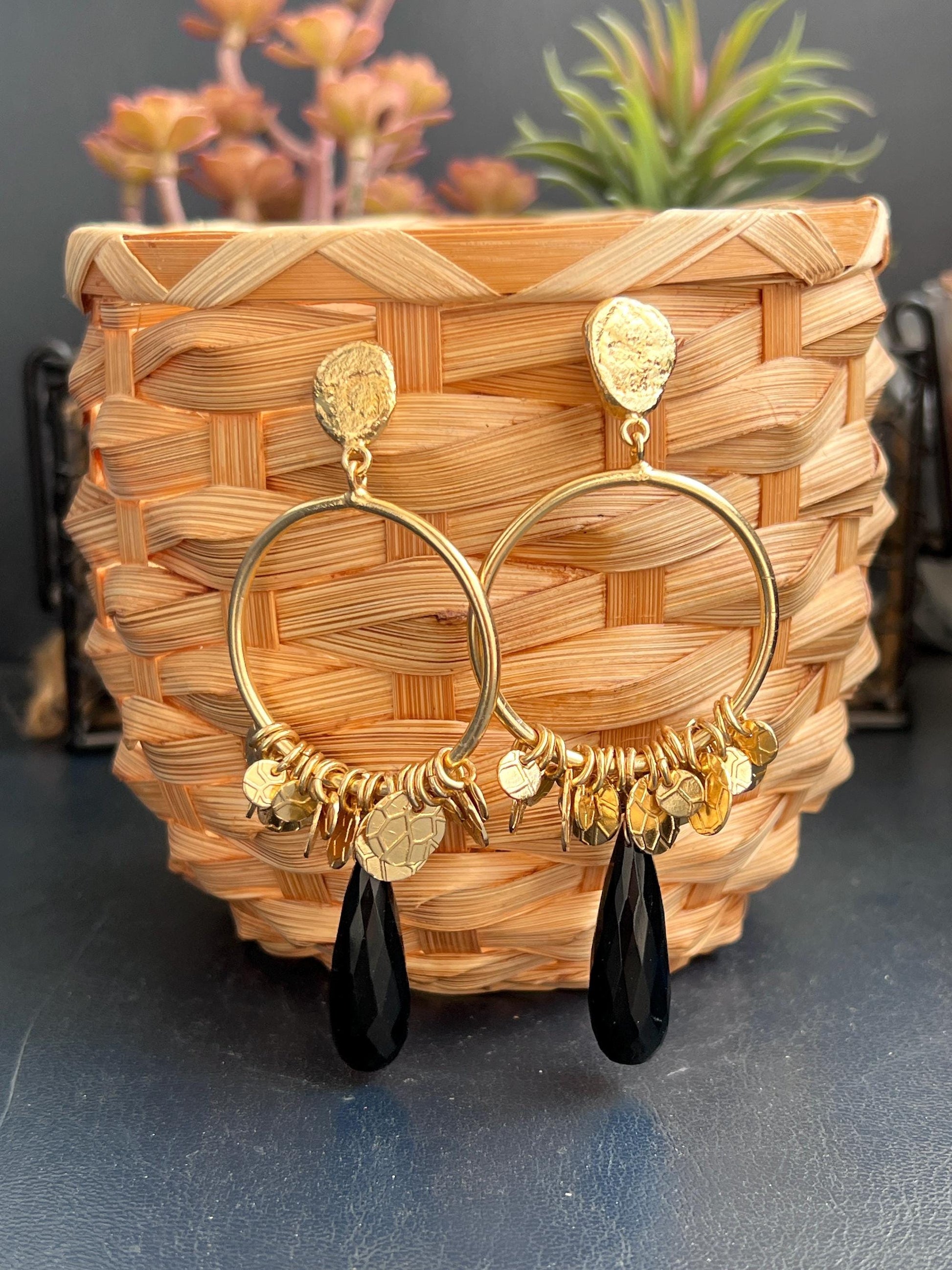 The Enache Round Black Onyx Tear Drop Statement Earrings with Gypsy Coins TheEnache