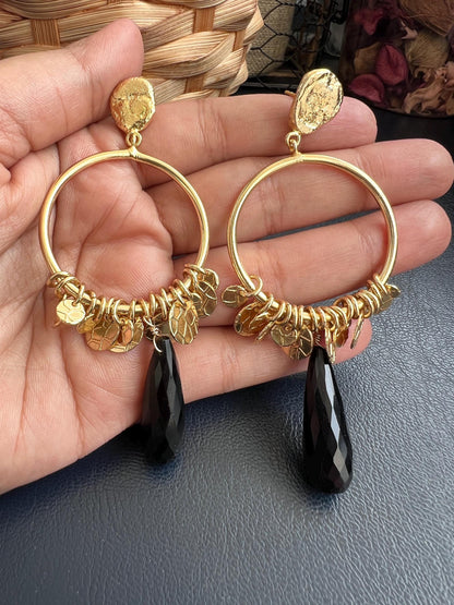 The Enache Round Black Onyx Tear Drop Statement Earrings with Gypsy Coins TheEnache