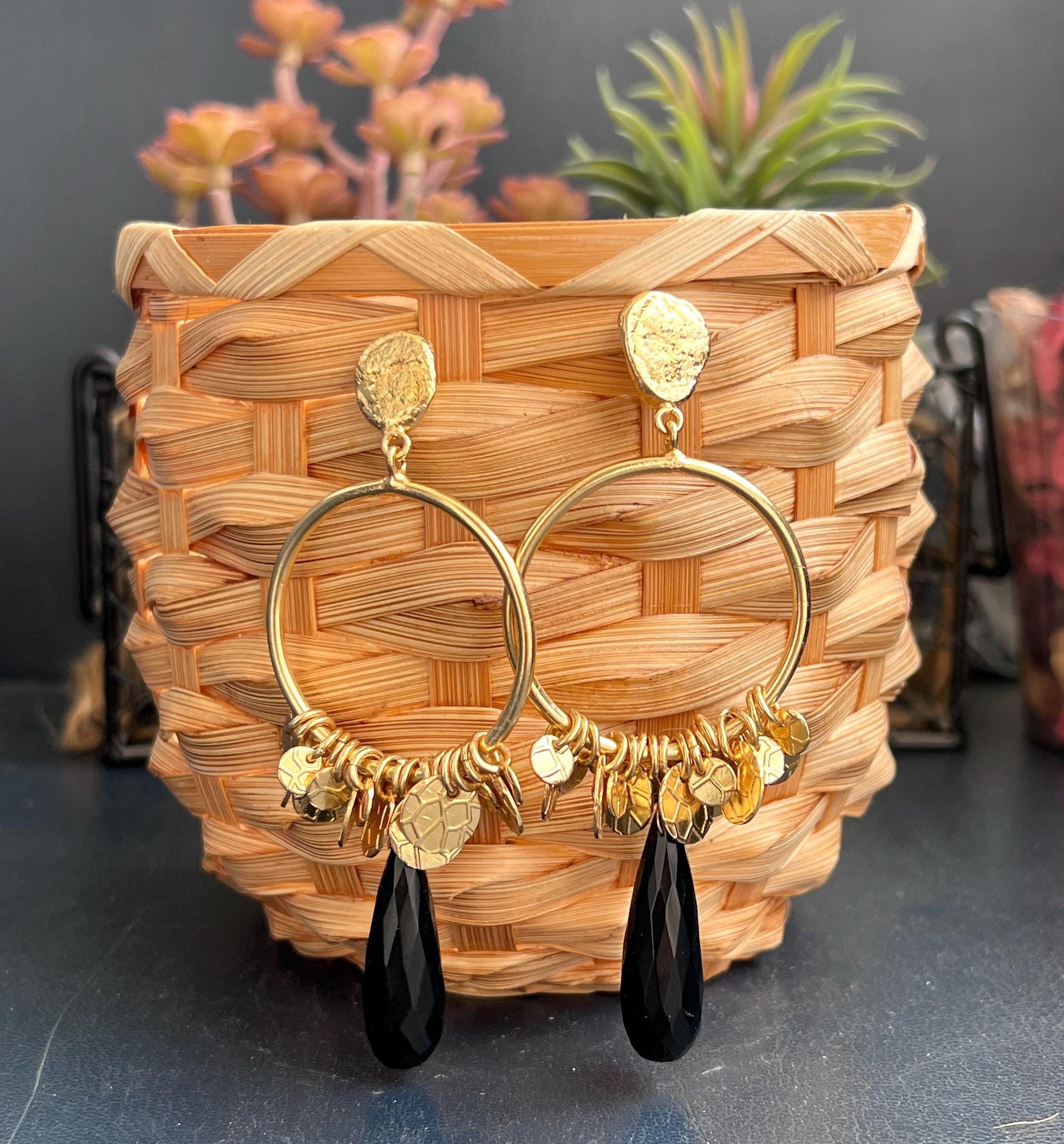 The Enache Round Black Onyx Tear Drop Statement Earrings with Gypsy Coins TheEnache