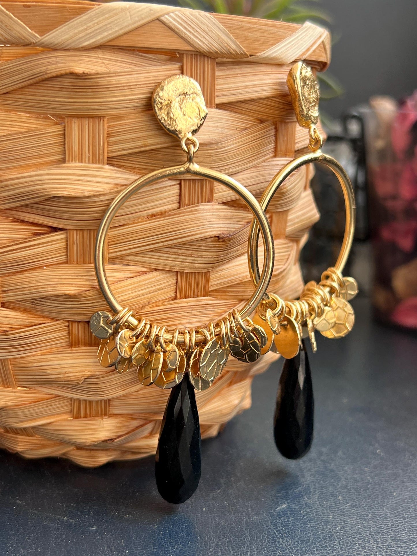 The Enache Round Black Onyx Tear Drop Statement Earrings with Gypsy Coins TheEnache