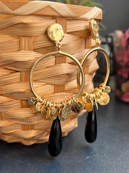 The Enache Round Black Onyx Tear Drop Statement Earrings with Gypsy Coins TheEnache