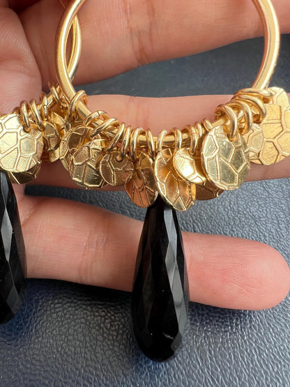 The Enache Round Black Onyx Tear Drop Statement Earrings with Gypsy Coins TheEnache