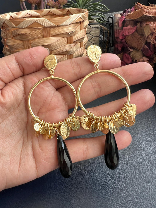 The Enache Round Black Onyx Tear Drop Statement Earrings with Gypsy Coins TheEnache