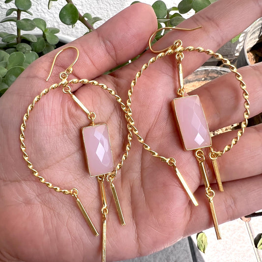 The Enache Round Pink Rose Quartz Gold Hoop Chunky Statement Earrings TheEnache