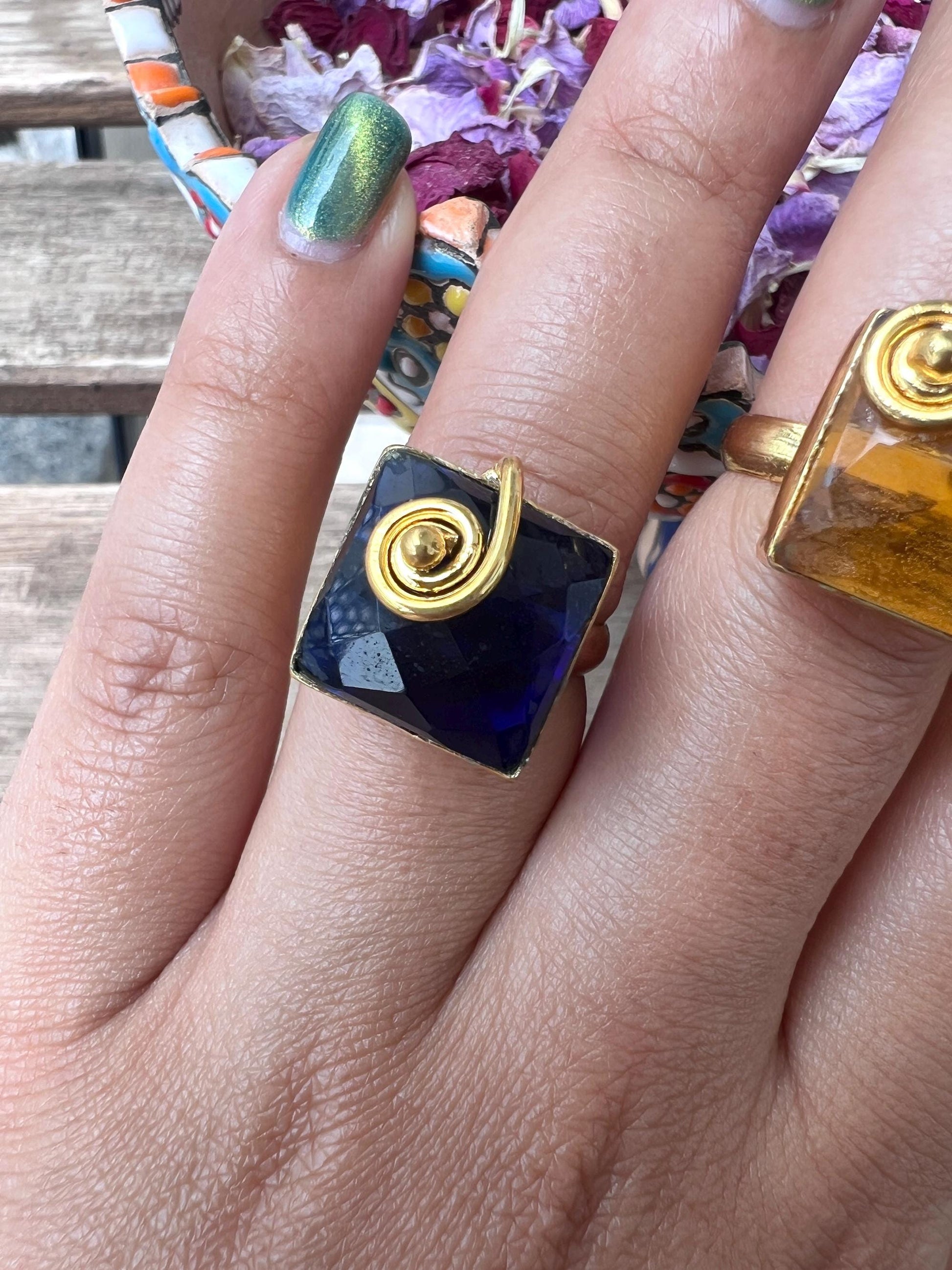 The Enache Set of 2 - Champagne and Blue Stacking Rings TheEnache