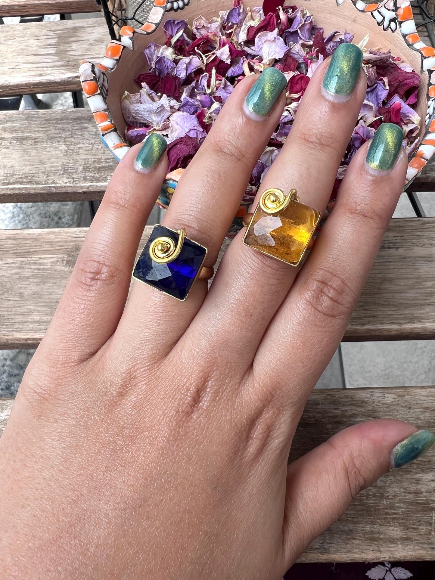 The Enache Set of 2 - Champagne and Blue Stacking Rings TheEnache