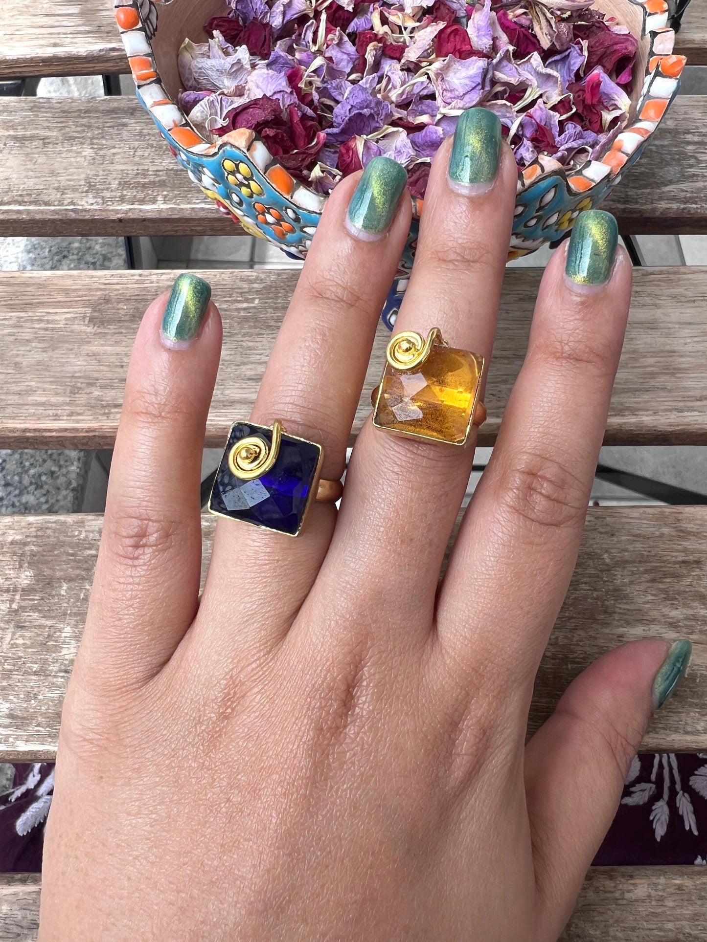 The Enache Set of 2 - Champagne and Blue Stacking Rings TheEnache