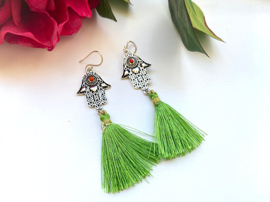 The Enache Silver Hamsa Tassel Earrings TheEnache