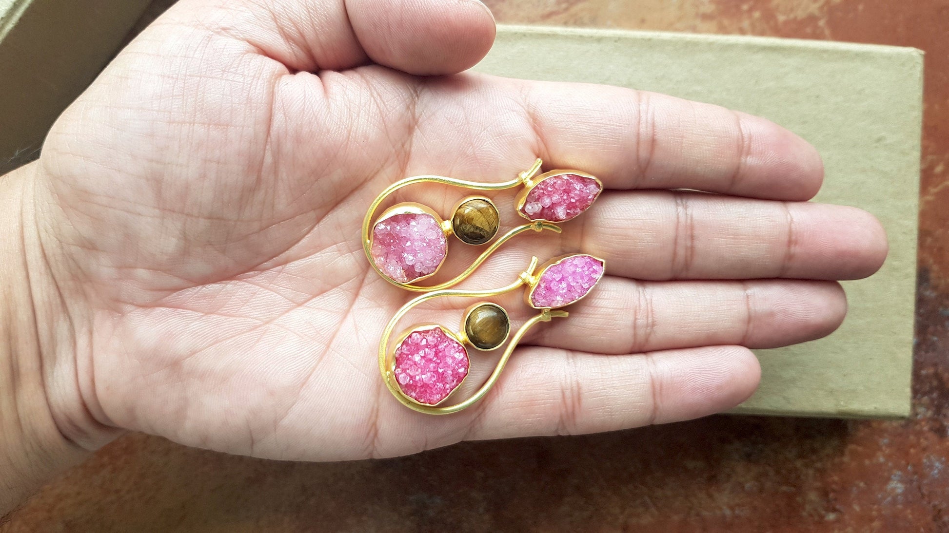 The Enache Tiger's Eye Pink Druzy Earrings TheEnache