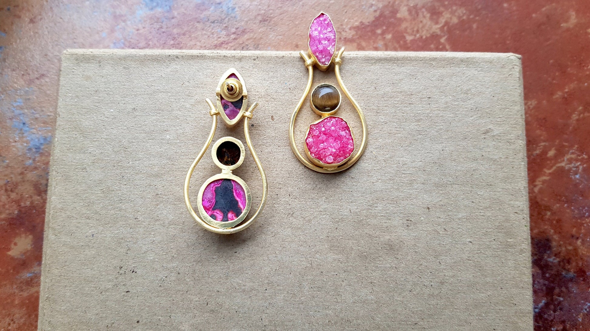 The Enache Tiger's Eye Pink Druzy Earrings TheEnache