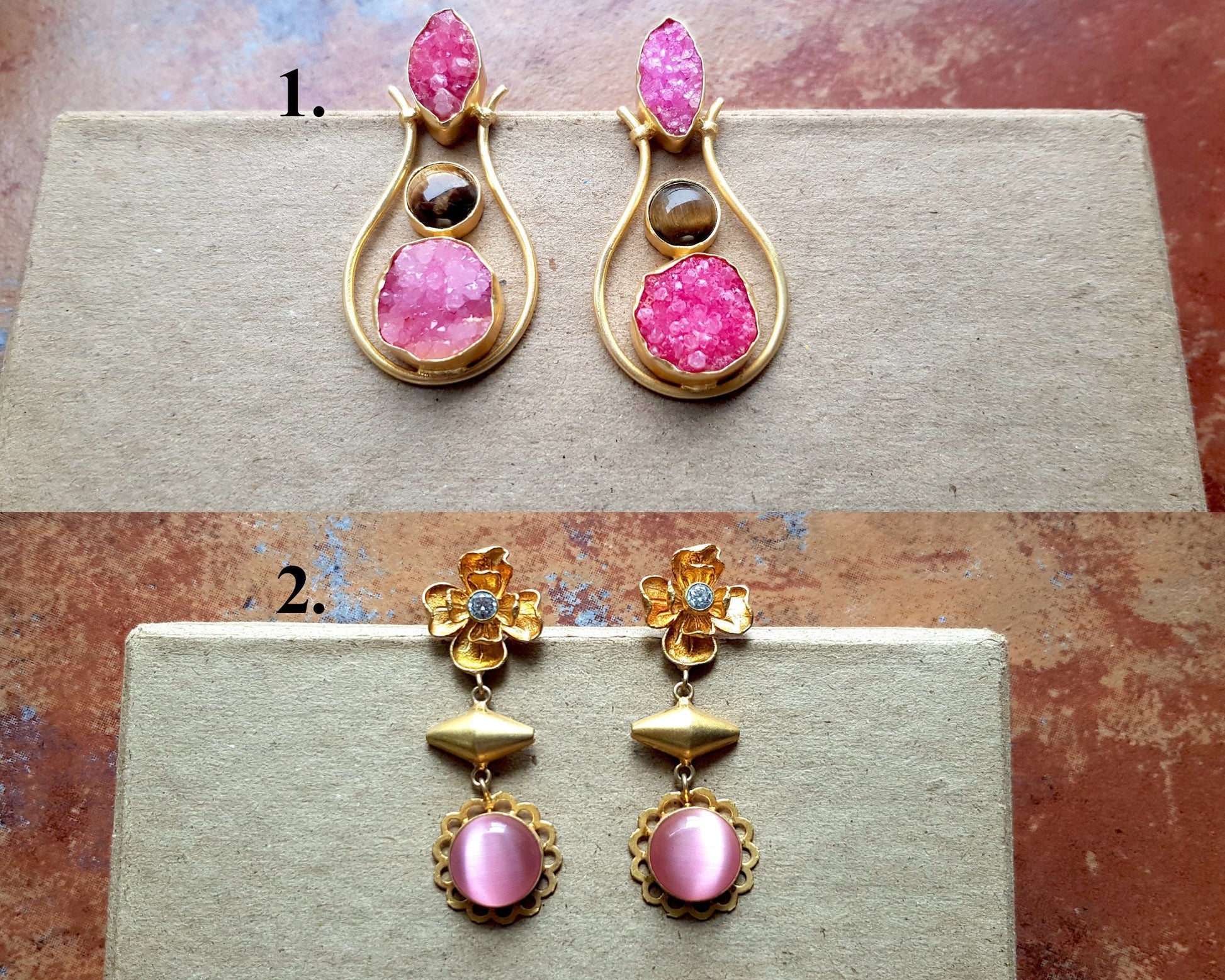 The Enache Tiger's Eye Pink Druzy Earrings TheEnache